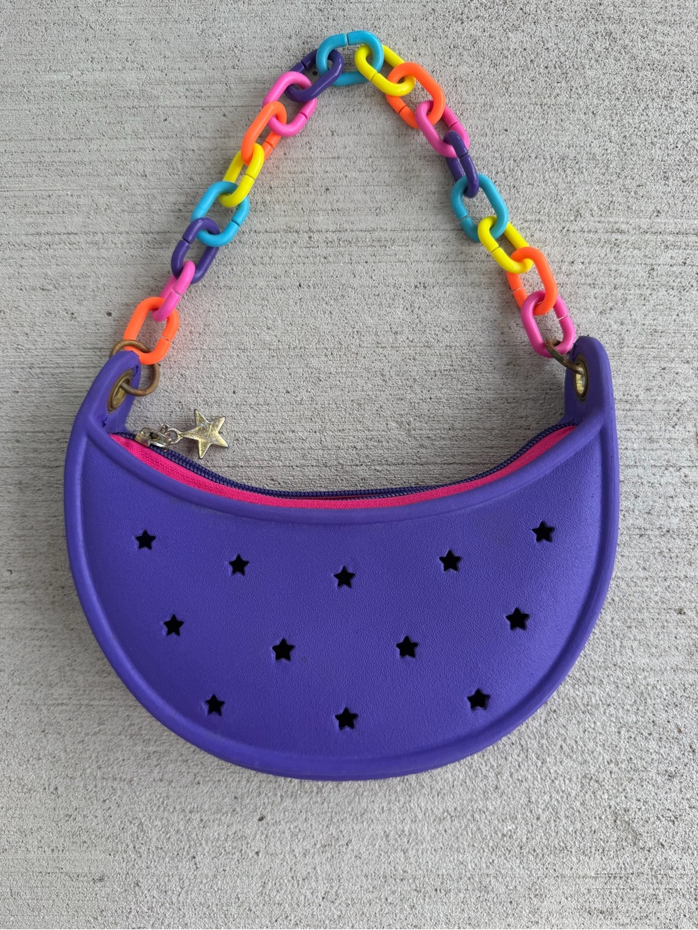 Crocs Purple Crescent Moon Handbag with Rainbow Chain Strap Star Cutouts